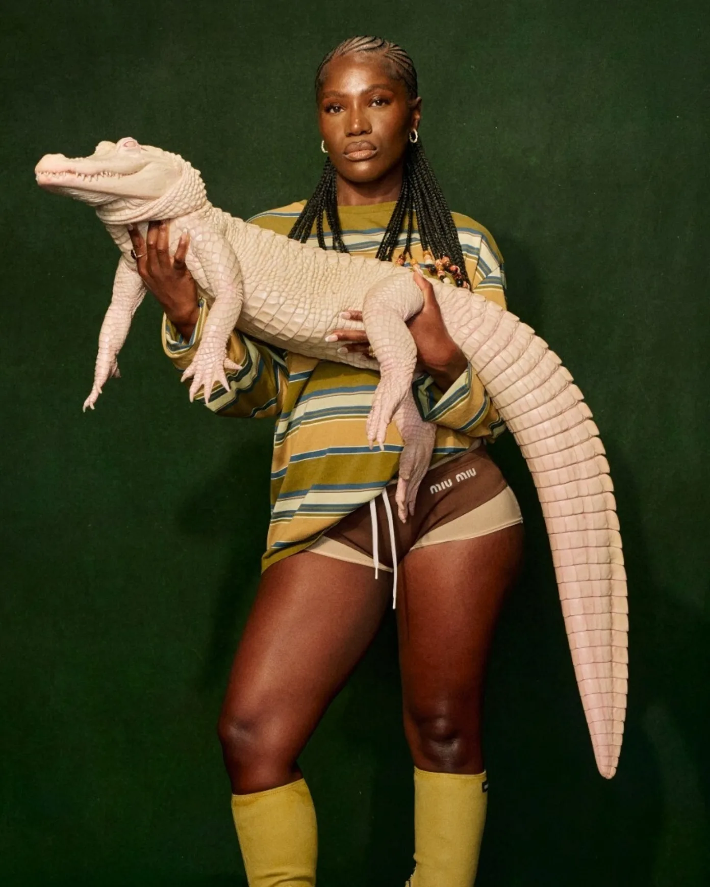 Woman in yellow an green irregularly striped t-shirt holding a white alligator in front of a dark-green background